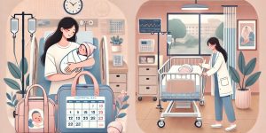 병원에서 신생아를 품에 안은 엄마와 함께, 준비된 가방과 따뜻한 분위기의 산후조리원