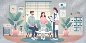 이미지는 현대적인 난임 클리닉에서 부부가 의사와 상담하며 시험관 시술(IVF) 준비를 하는 따뜻하고 희망적인 장면이다.