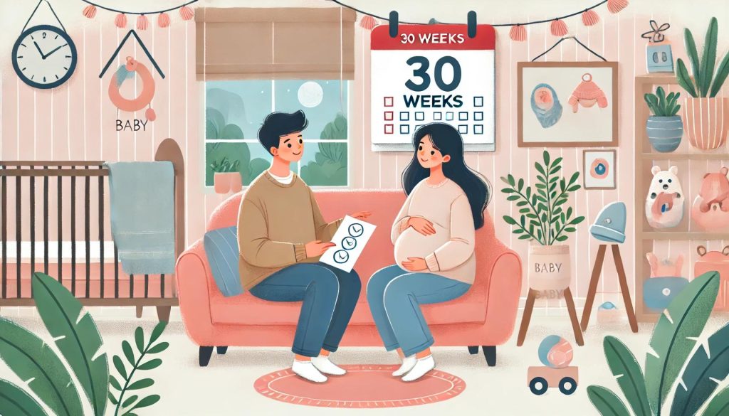임신 30주차의 부부가 함께 아기 준비 체크리스트를 논의하며 따뜻하고 협력적인 순간