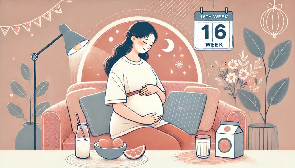 임신 16주차를 맞이한 여성이 편안한 소파에 앉아 배를 감싸는 따뜻한 장면