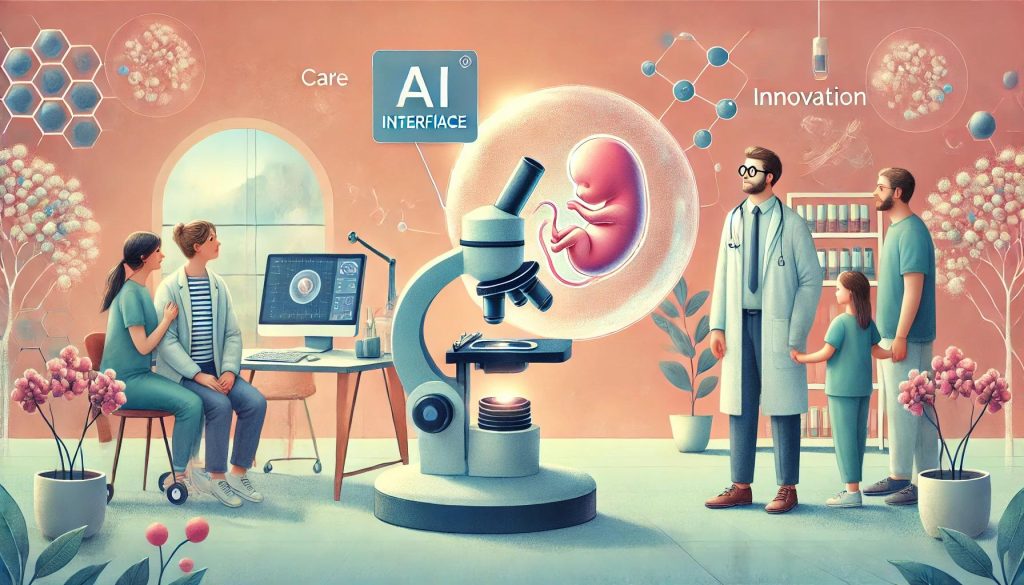 AI 기술을 활용한 난임 치료 장면을 따뜻하고 희망적인 분위기로 담았습니다