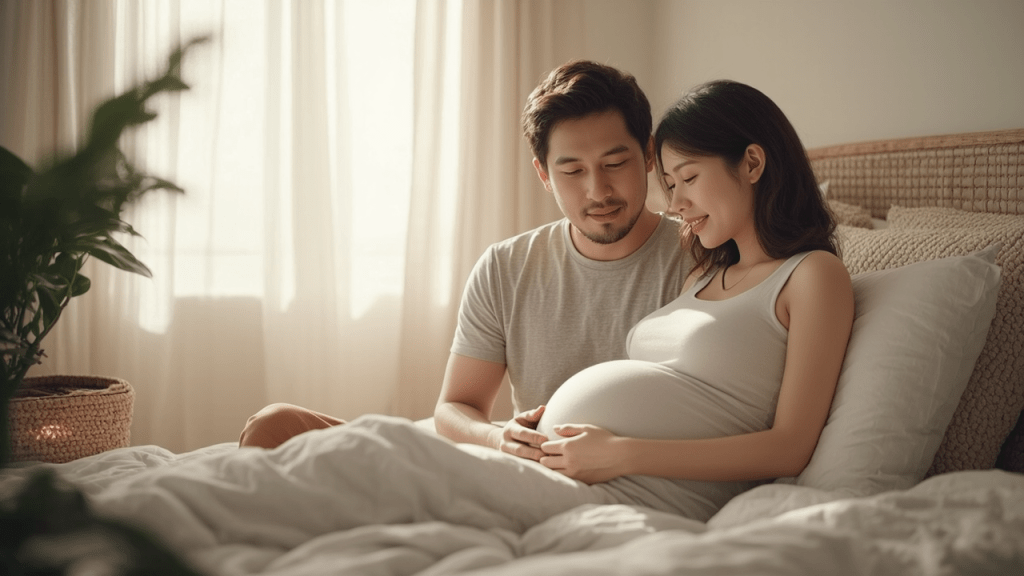 임신 중 성관계와 관련하여 부부가 서로 소통하며 배려하는 모습을 담은 16:9 디지털 일러스트레이션. 부드러운 조명이 비치는 아늑한 침실에서 임산부가 침대에 편안히 앉아 있고, 배우자가 옆에서 따뜻한 관심과 지지를 표현하고 있습니다. 배경에는 식물과 쿠션 같은 장식이 배치되어 있어 친밀하고 안전한 분위기를 강조합니다.