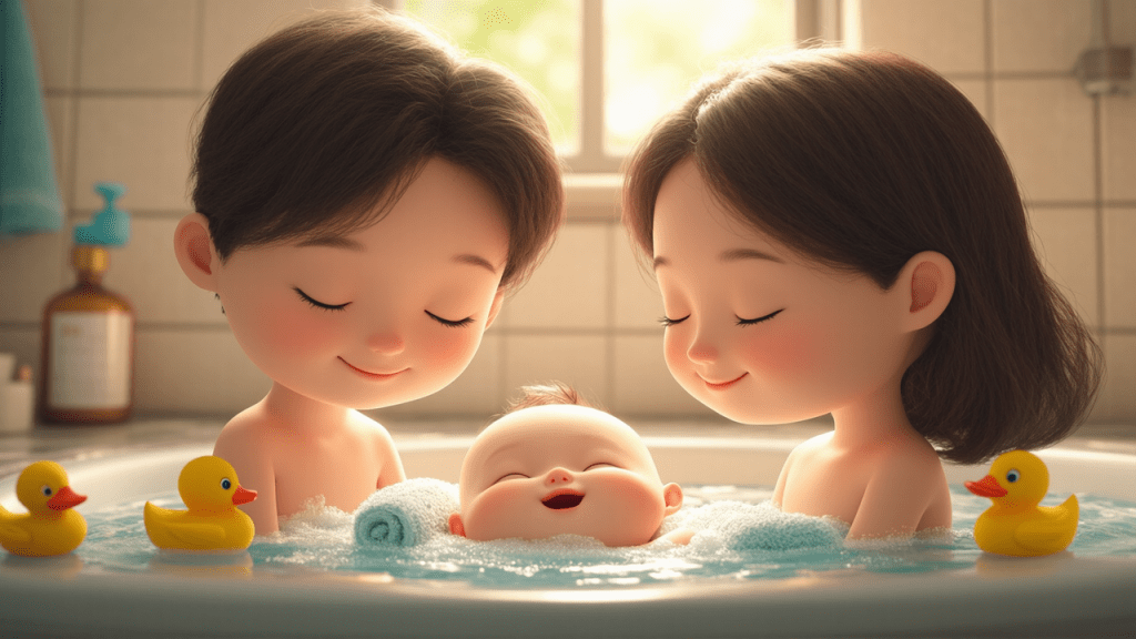 신생아를 작은 아기 욕조에서 부드럽게 목욕시키는 모습을 담은 16:9 디지털 일러스트레이션. 목욕 시간의 따뜻하고 편안한 분위기를 강조하며, 배경은 파스텔 톤의 벽과 부드러운 조명으로 꾸며져 있습니다. 욕조 주변에는 아기 샴푸, 수건, 고무 오리 장난감 등 필수 목욕 용품이 정리되어 있고, 부모는 사랑과 세심함이 담긴 표정으로 아기를 돌보고 있습니다. 아기는 물속에서 편안하고 행복한 모습으로 부모와 교감을 나누는 장면입니다.