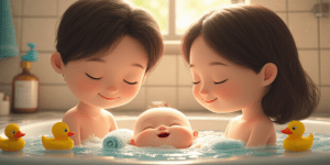 신생아를 작은 아기 욕조에서 부드럽게 목욕시키는 모습을 담은 16:9 디지털 일러스트레이션. 목욕 시간의 따뜻하고 편안한 분위기를 강조하며, 배경은 파스텔 톤의 벽과 부드러운 조명으로 꾸며져 있습니다. 욕조 주변에는 아기 샴푸, 수건, 고무 오리 장난감 등 필수 목욕 용품이 정리되어 있고, 부모는 사랑과 세심함이 담긴 표정으로 아기를 돌보고 있습니다. 아기는 물속에서 편안하고 행복한 모습으로 부모와 교감을 나누는 장면입니다.