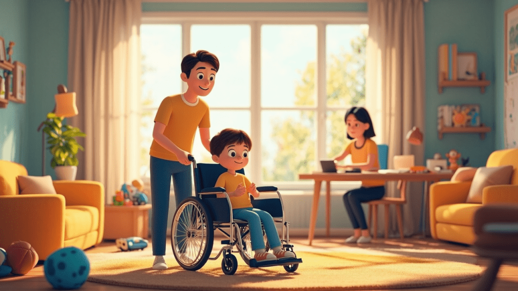 장애아를 돌보는 가족의 따뜻한 모습을 담은 16:9 디지털 일러스트레이션. 거실에서 부모가 휠체어에 앉은 아이를 돌보고 있으며, 다른 가족 구성원이 테이블 위에 학습 자료를 준비하는 모습이 그려져 있습니다