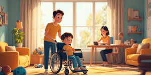 장애아를 돌보는 가족의 따뜻한 모습을 담은 16:9 디지털 일러스트레이션. 거실에서 부모가 휠체어에 앉은 아이를 돌보고 있으며, 다른 가족 구성원이 테이블 위에 학습 자료를 준비하는 모습이 그려져 있습니다