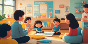 다문화 가정이 지역 커뮤니티 센터에서 지원을 받는 모습을 담은 16:9 디지털 일러스트레이션. 다양한 문화적 배경을 가진 부모와 아이들이 책을 읽고 학습 활동에 참여하며, 한 직원이 가까운 데스크에서 정보가 담긴 브로셔를 제공하고 있습니다. 배경에는 다국어로 된 포스터, 알록달록한 장식, 어린이 놀이 공간이 조화를 이루어 포용적이고 따뜻한 분위기를 강조합니다.