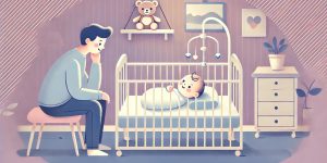 신생아가 편안한 표정으로 아기 침대에 누워 있는 모습의 16:9 디지털 일러스트레이션. 한쪽에는 부모가 앉아 아기의 울음을 주의 깊게 관찰하며 배려 깊은 자세로 응답하려는 모습이 그려져 있습니다. 방은 부드러운 파스텔 색상의 벽과 은은한 조명으로 꾸며져 있으며, 침대 모빌과 선반 위의 곰 인형이 따뜻하고 아늑한 분위기를 연출합니다