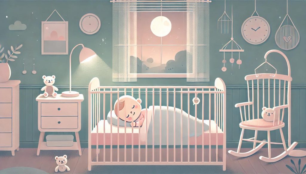 아기가 아늑하게 잠든 모습이 담긴 16:9 디지털 일러스트레이션. 부드러운 조명 아래 아기 침대가 보이며, 파스텔 톤의 침구와 함께 포근한 수면 환경이 강조됩니다. 배경에는 곰 인형, 흔들의자, 창문으로 비치는 은은한 달빛이 어우러져 평온하고 안심되는 분위기를 연출