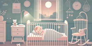 아기가 아늑하게 잠든 모습이 담긴 16:9 디지털 일러스트레이션. 부드러운 조명 아래 아기 침대가 보이며, 파스텔 톤의 침구와 함께 포근한 수면 환경이 강조됩니다. 배경에는 곰 인형, 흔들의자, 창문으로 비치는 은은한 달빛이 어우러져 평온하고 안심되는 분위기를 연출