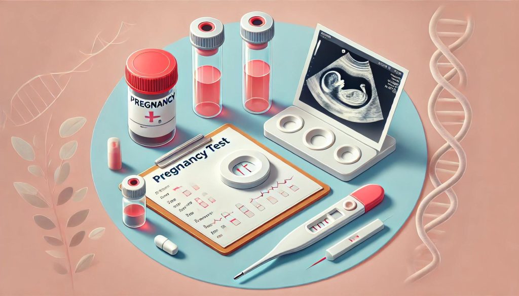 임신 테스트 방법을 설명하는 이미지로, 소변 검사 키트, 혈액 샘플 튜브, 그리고 초음파 이미지를 포함한 깨끗하고 전문적인 분위기의 책상 장면