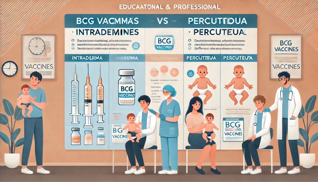 피내용과 경피용 불주사 BCG 백신의 차이를 설명하는 교육적이고 전문적인 이미지. 부모가 아기를 안고 있고, 의료진이 주사를 준비하며, 백신 종류와 장단점을 비교한 인포그래픽이