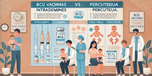 피내용과 경피용 불주사 BCG 백신의 차이를 설명하는 교육적이고 전문적인 이미지. 부모가 아기를 안고 있고, 의료진이 주사를 준비하며, 백신 종류와 장단점을 비교한 인포그래픽이